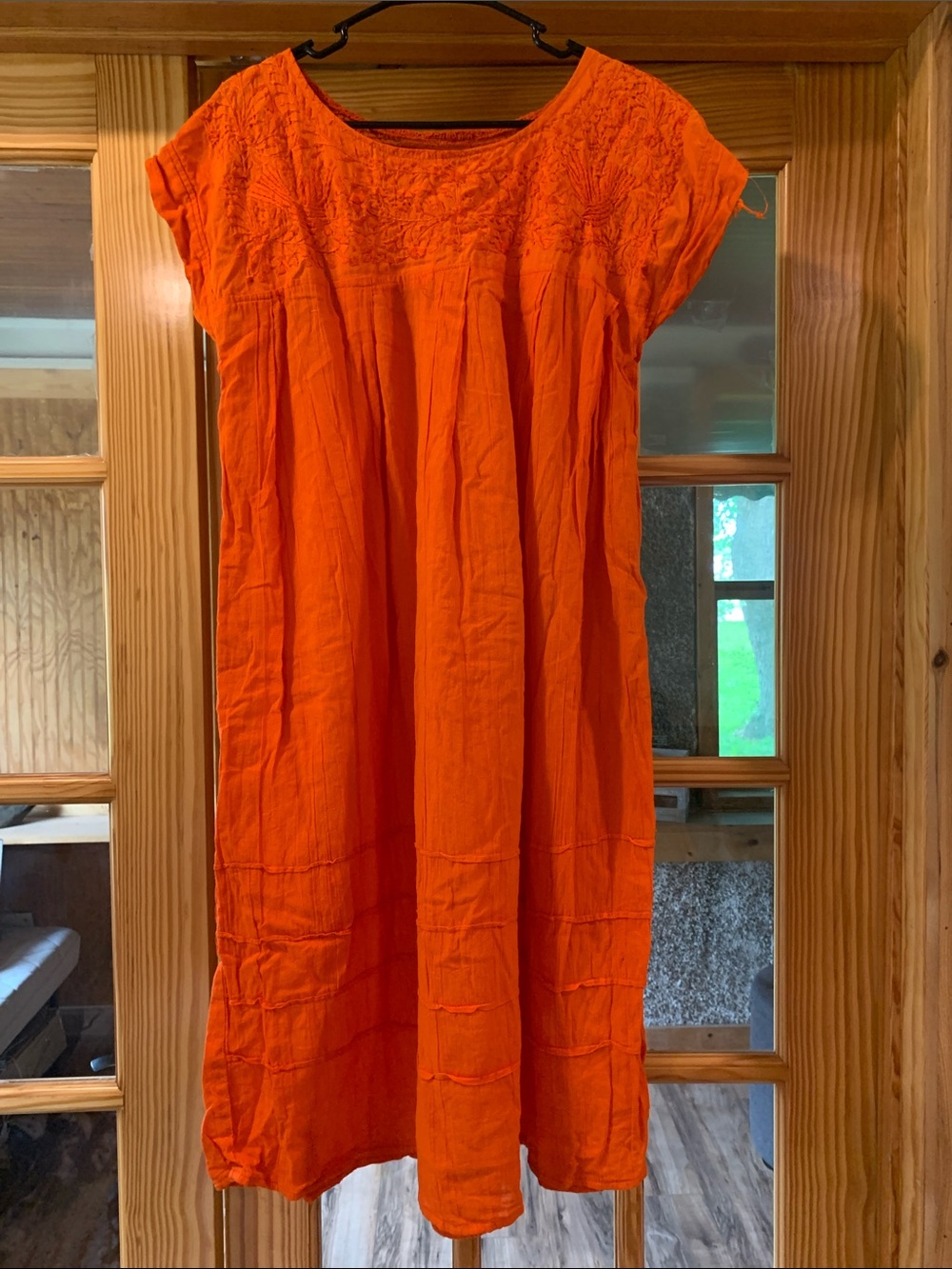 Women's Bold Orange Embroidered Floral Cotton Short Sleeve Mini Shirt Dress M